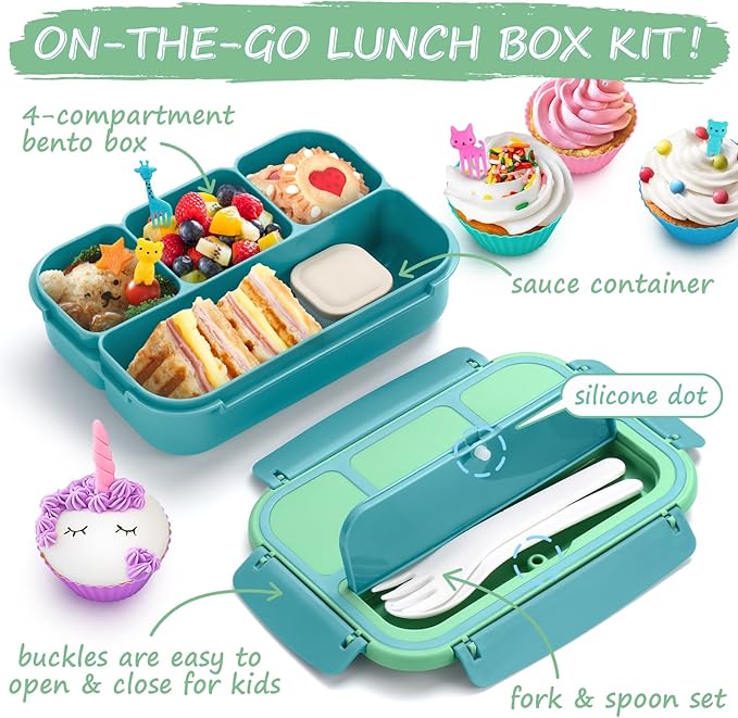 QQKO Bento Box for Kids Adults, School Toddler Lunch Box for Boys Girls, Lunch Box Containers with 4 Compartments, Sauce Container, Utensils, Food Picks and Muffin Cups for School, Green