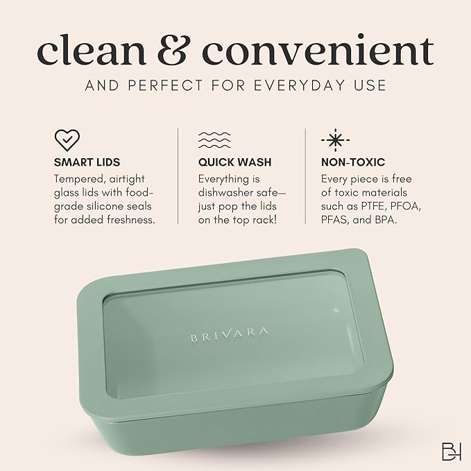 Ceramic Coated Glass Food Storage Container | No PTFE, PFOA, PFAS, and BPA | Reusable Non Toxic Meal Prep Container with Glass Lid | Easy To Store | 5 Cup Square [Willow]