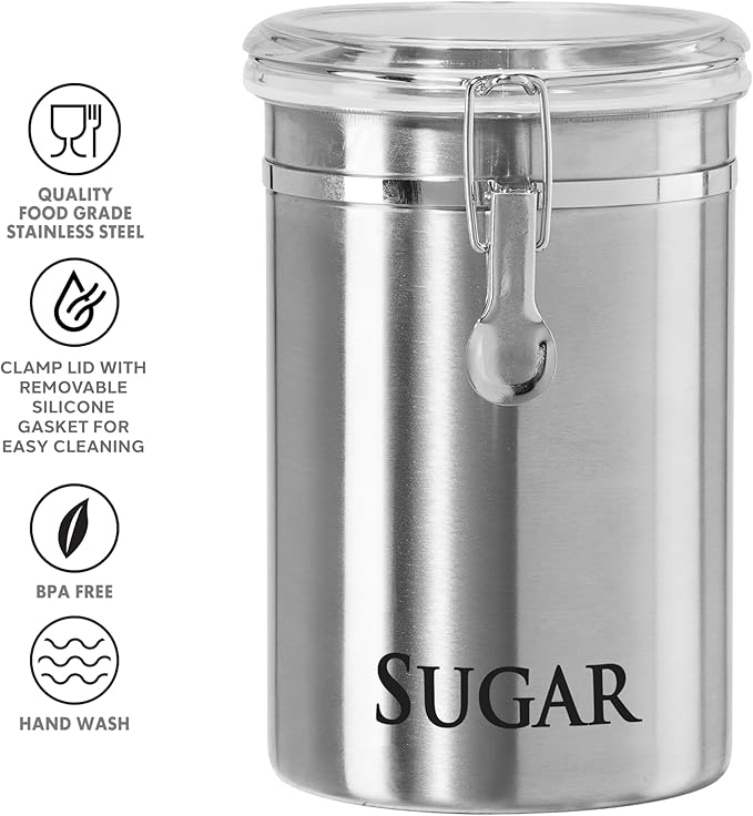 Oggi Stainless Steel Sugar Canister 62 fl oz - Airtight Clamp Lid, Clear See-Thru Top - Ideal Sugar Container for Countertop, Sugar Jar, Bulk Sugar Storage. Large Size 5" x 7.5".