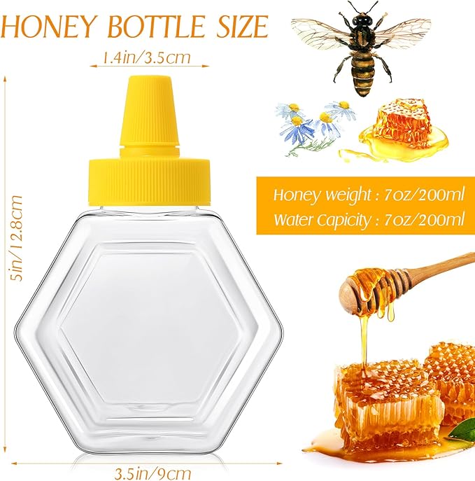 Ziliny 32 Pcs 7 oz Honey Squeeze Bottle Plastic Empty Beehive Bottle Jar with Spout Lid Clear Refillable Honey Containers for Condiment Storing and Dispensing Dispenser (Hexagon)
