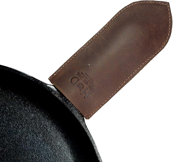 Hide & Drink, Cast Iron Hot Handle Cover, Skillet Panhandle Grips, Frying Pan, Heat Protection, Kitchen Essentials, Full Grain Leather, Handmade (Bourbon Brown, Large)
