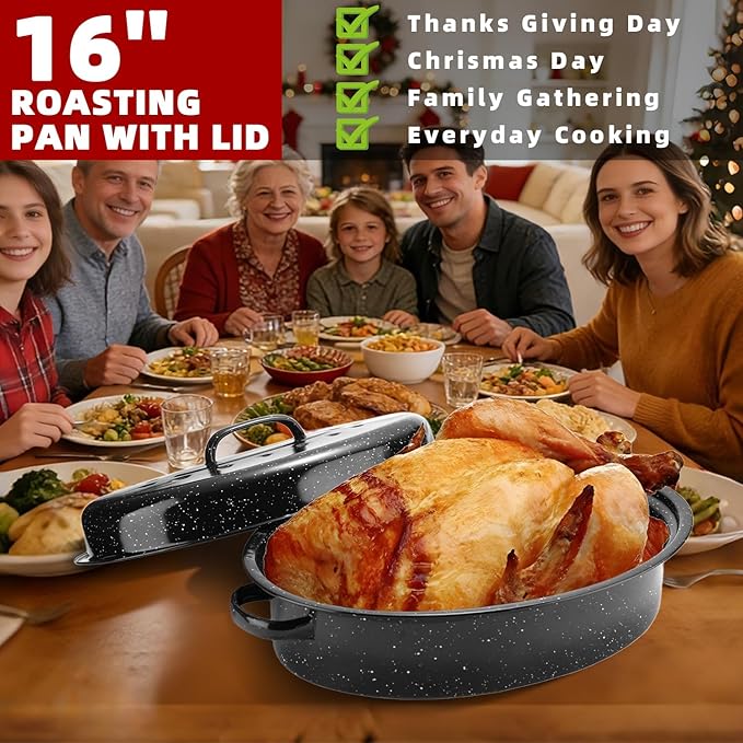 DIMESHY 16Inch Roasting Pan, Enamel on Steel, Black Covered Oval Roaster Pan with Lid, Medium Cookware for Turkey, Small Chicken, Roast Baking Pan.