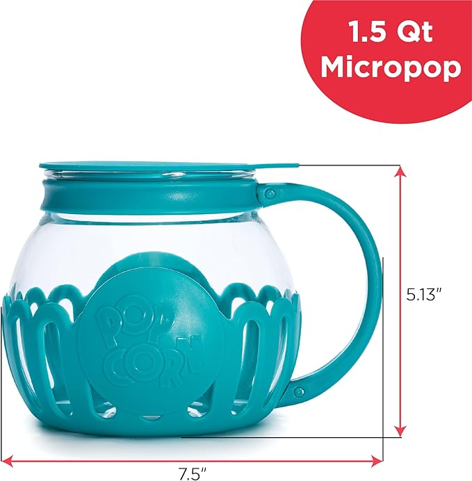 Ecolution Patented Micro-Pop Microwave Popcorn Popper with Temperature Safe Glass, 3-in-1 Lid Measures Kernels and Melts Butter, Made Without BPA, Dishwasher Safe, 1.5-Quart, Teal