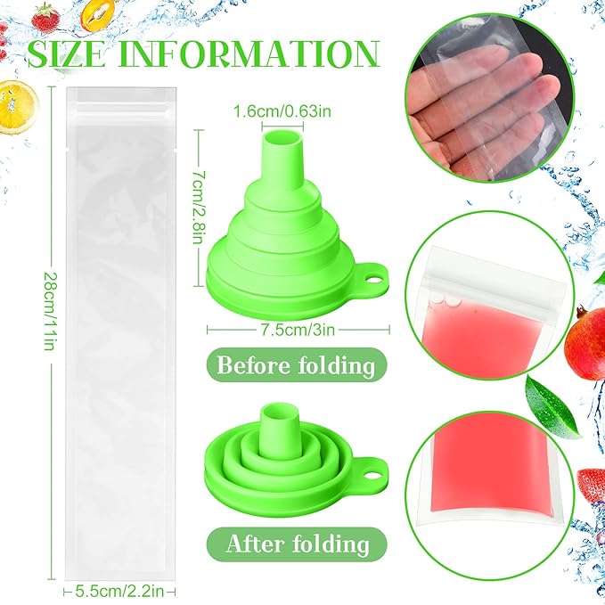 Hoolerry 600 Pcs Disposable Ice Mold Bags with 1 Silicone Funnel Freezer Tubes with Zip Seals Candy Ice Mold Yogurt Tubes Pouch for Snack Juice Fruit Smoothies Party Favor (2.2 x 11 Inch)
