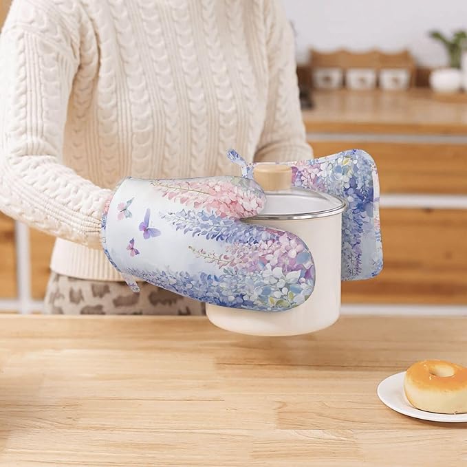 Oven Mitts and Pot Holders Botanical Flower Butterfly Silicone Kitchen Accessories Set of 4 Heat Resistant Long Gloves Potholder Non-Slip Grip for Chef Cooking Baking Grilling BBQ