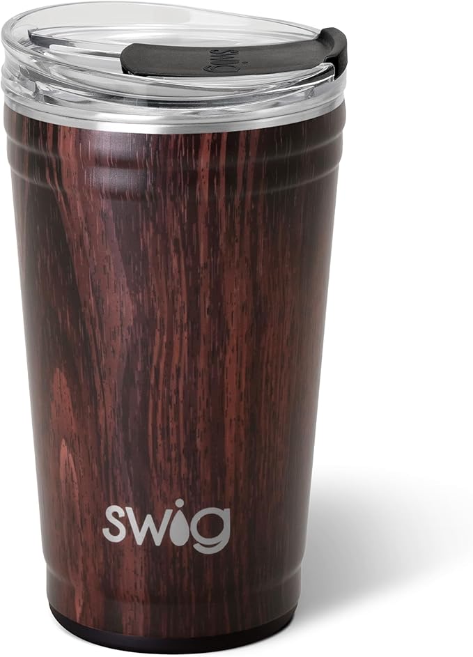 Swig Life 24oz Party Cup, Stackable Insulated Travel Coffee Tumbler with EZ Slider Lid, Cup Holder Friendly, Stainless Steel 24 oz Tumbler, Reusable Coffee Mug (Bourbon Barrel)