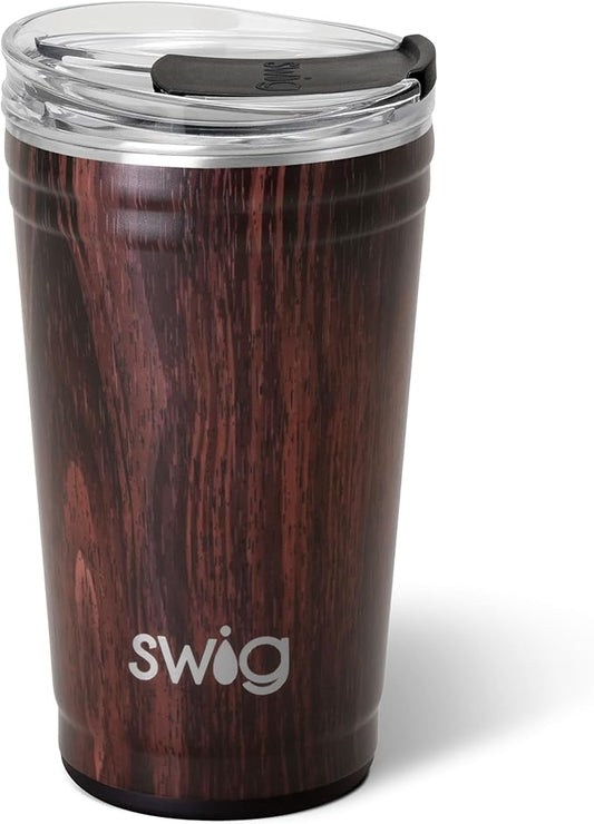 Swig Life 24oz Party Cup, Stackable Insulated Travel Coffee Tumbler with EZ Slider Lid, Cup Holder Friendly, Stainless Steel 24 oz Tumbler, Reusable Coffee Mug (Bourbon Barrel)