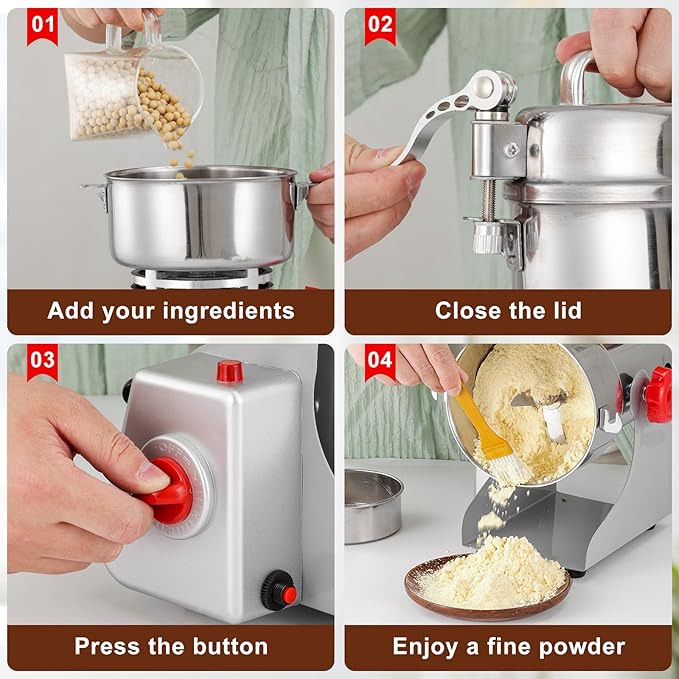 Electric Grain Grinder – High-Speed 800g Stainless Steel Food Mill & Pulverizer for Nuts, Rice, Grains, Herbs & Spices – Flour, Wheat Berry & Nut Crusher for Home & Commercial Kitchens (800g)