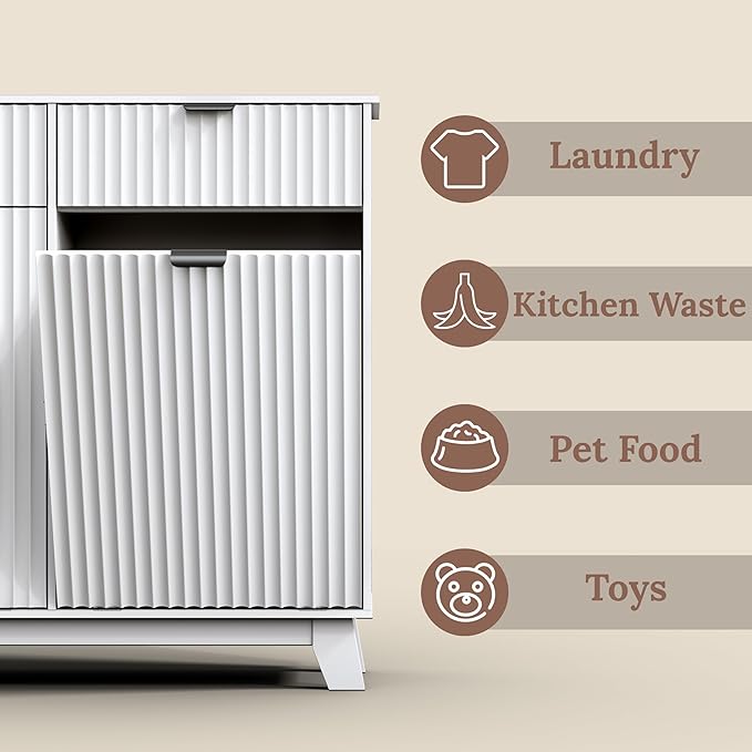 Double Tilt Out Laundry Hamper Cabinet, 20 Gallon Wooden Trash Can Cabinet with Drawers, Hidden Fluted Bathroom Storage Cabinet for Kitchen, Living Room (White, 39.34" W x 35.83" H x 13" D)