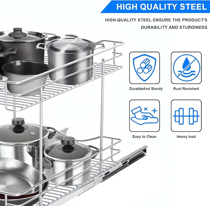 FULGENTE Chrome Finish 2 Tier (17" W X 18" D) Pull Out Drawer Cabinet Organizer Heavy Duty Slide Out Pantry Shelves Sliding Basket Storage For Home Kitchen Bathroom Under Sink Organization