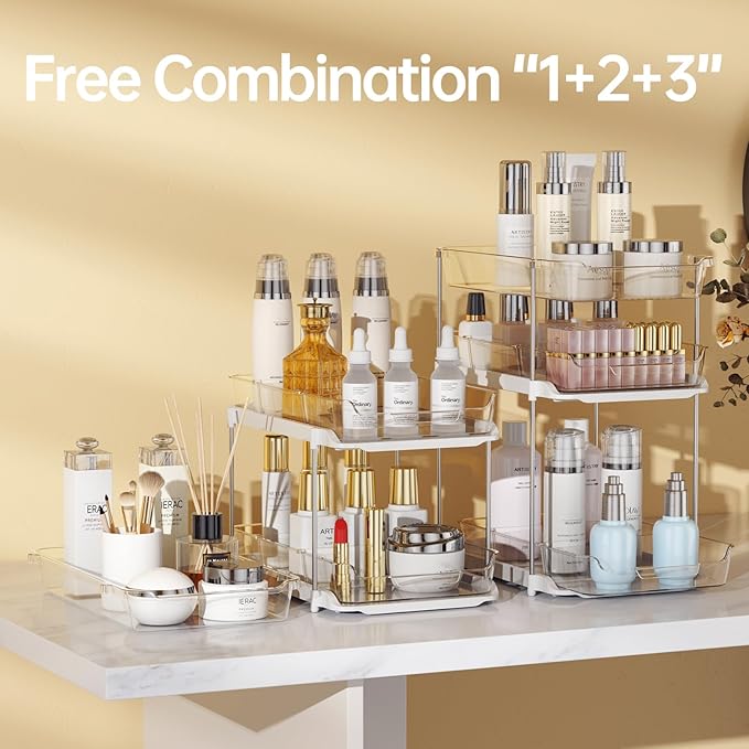 Delamu 2 Sets of 3-Tier Bathroom Under Sink Organizers and Storage, Multi-Purpose Stackable Pantry Organization and Storage, Pull Out Clear Kitchen Bathroom Cabinet Organizer with Movable Dividers | Storage, Multi-Purpose, Stackable, Pantry Organizatio...