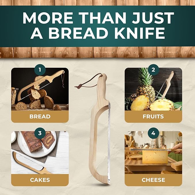LLOTUS Bread Knife Package Slicer for Sourdough Bread, 16.5" Premium Wooden Bow Design, Premium Stainless Steel Serrated Saw, Cutter for cutting Loaf, Sandwich, Bagels, Homemade Bread (Birch)