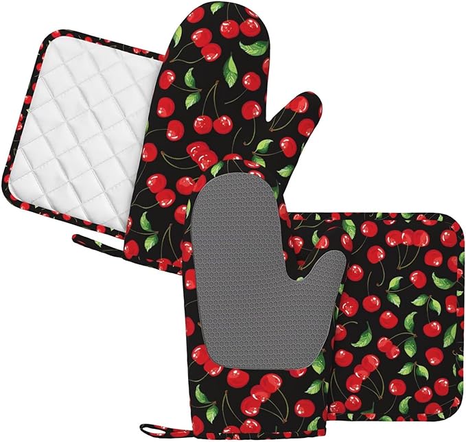 Watercolor Cherries Oven Mitts and Pot Holders Sets Silicone Cherry Fruit Pattern Kitchen Oven Mitts Hot Pads Heat Resistant Potholders Kitchen Mitts Set for Baking BBQ Cooking