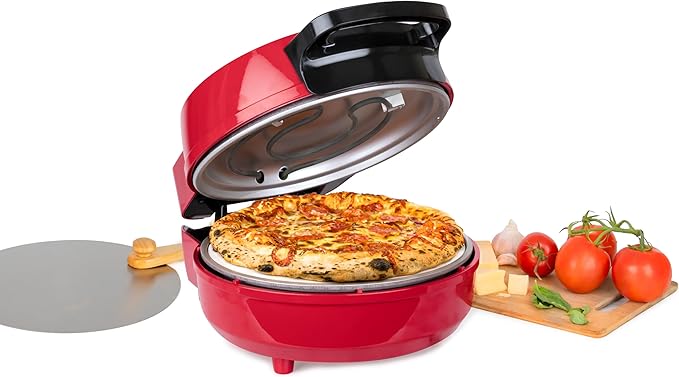HomeCraft Stone Baked Pizza Maker - Woodfire-Style Indoor Oven Reaches 750°F - Cooks Homemade or Frozen Pizzas in 4 Minutes - Ceramic Stone & Peel - Perfect for Pizza Parties – Red