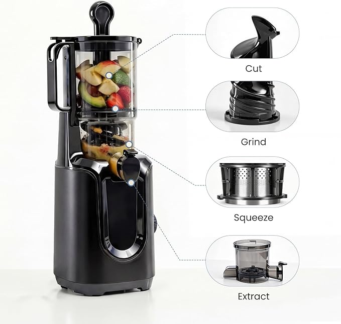 DUMOS Masticating Juicer Machines, Cold Press Juicer with 4.25" Wide Feed Chute, High Juice Yield for Whole Vegetables & Fruits, Easy to Clean, Black
