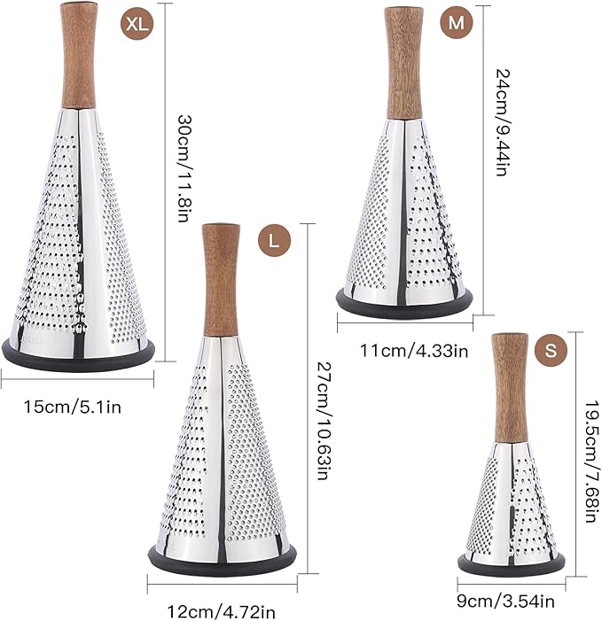 Cone Cheese Grater with Handle Stainless Steel Triple Function Wood Handle Parmesan Shaver Non-Slip Rubber Bottom Hand Held Multifunction Vegetables Cheese Grater with container (L: 10.6" X 4.7")