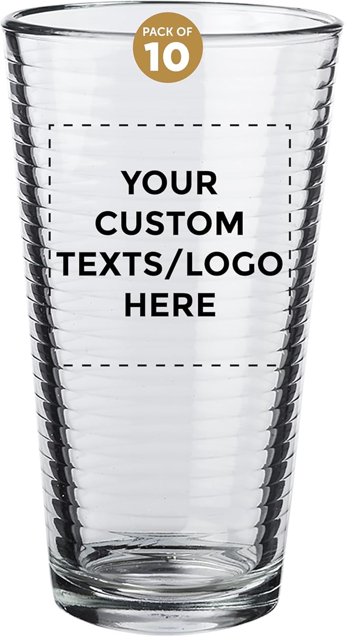 Custom Spiral Pint Glass 16 oz. Set of 10, Personalized Bulk Pack - Beer Glasses, Heavy Duty Drinkware - Clear