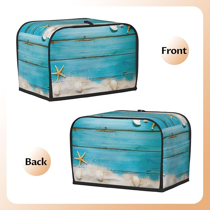 Seashells Starfish Blue Wood Toaster Cover 2 Slice, Cute Rural Bread Machine Cover, Washable Dust-Proof Cover for Kitchen Small Appliance Cover,with Top Handle