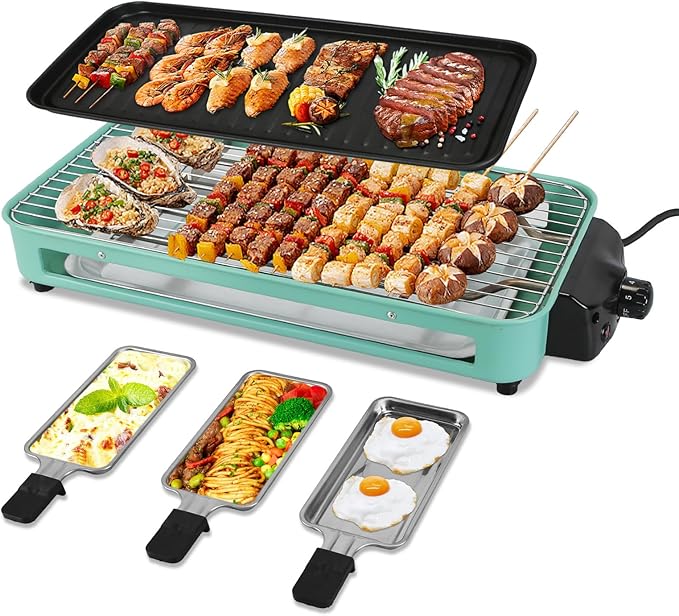 1500W Electric Indoor Grill,2 in 1 Smokeless Indoor Grills,Portable Korean BBQ Raclette Table Grill for Kitchen with Net & Non-Stick Cooking Removable Plate 5 Temperature Control,Dishwasher Safe