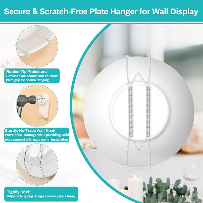 14 pcs Plate Hangers for The Wall, 4/6/8/10/12 Inch Invisible Decorative Wall Plate Hangers, Stainless Steel Plates Walls Hanger for Display Various Sizes with Hooks for Decorative