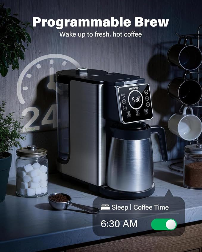 SHARDOR Programmable 5 Cup Drip Coffee Maker, Single Serve Hot & Iced Coffee Machine for K Cup & Grounds, 95oz Removable Reservoir, 6–24oz Brew Size, Strong Brew, Stainless Steel Thermal Carafe, Black