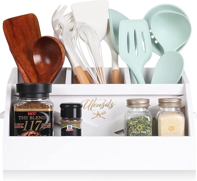 Innovation Kitchen Utensil Holder for Countertop with 4 Compartments, Wood Utensil Organizer for Cooking Tools, White (Utensil Not Included)