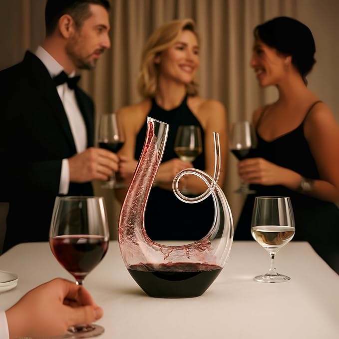 Art Series Swan Swirl Wine Decanter, Hand Blown, Lead-Free Glass with Wide Base for Aeration, + Cleaner Elegant U-Shaped Design with Spill-Reducing Spout – 33.8 oz – Modern Display for Red Wine Lovers