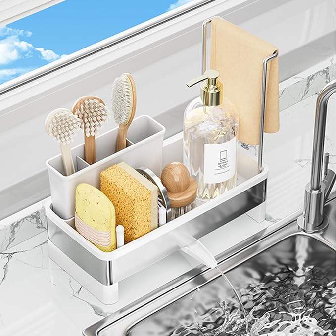 Sponge Holder for Kitchen Sink,Sink Caddy Organizer with Removable Brush Holder,Kitchen Countertop Soap Dispenser Storage with Detachable Towel Rack,White