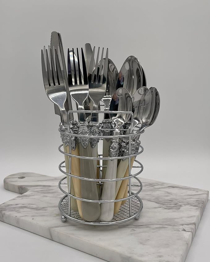 The Original Brink House Baroque Bone Mix & Match Stainless Steel Cutlery Set with Assorted Handles / 16 pieces with Metal Stand/Lifestyle utensils set for home, first apartment, dorm, fine dining