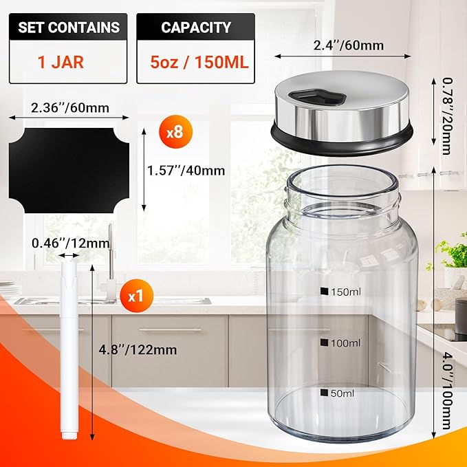 Segarty 5oz Glass Spice Jar with Shaker Lids Scale Lines, 1pc Clear Empty Seasoning Bottle for Condiments, 150ml Large Spice Container with 8 Blank Labels, 1 Chalk Pen for Herbs Organization Cabinet