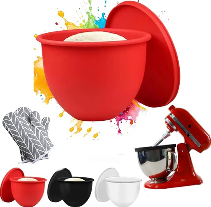 1PCS Silicone Bowl Liners with Lids,5Qt Tilt-Head Silicone Liners for Kitchenaid Stand Mixer,Odourless,Thicker, Cold/Heat-Resistant & Non-Stick, Easy Clean(Red)(with Oven mitts)