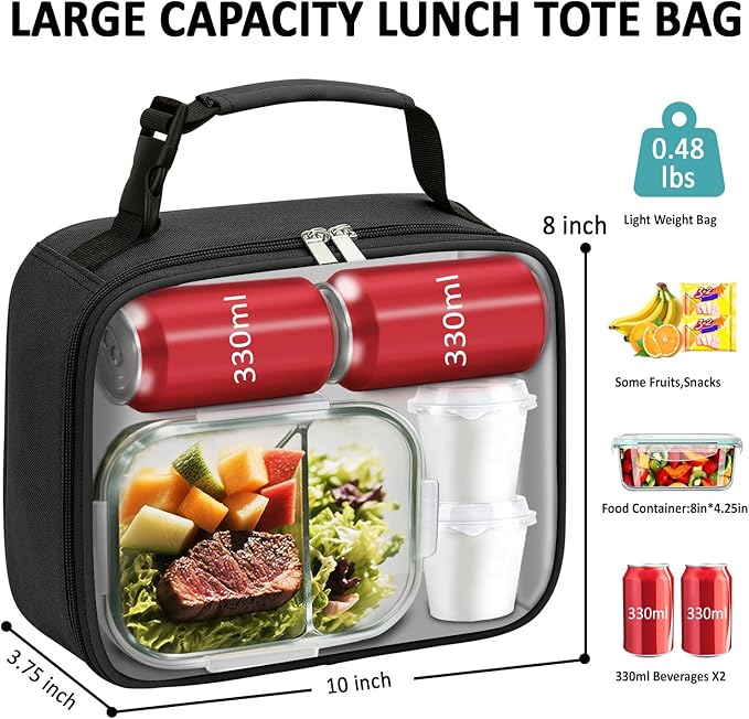 Lunch Box Kids Insulated Lunch Bag for Boys Girls Cute Reusable Lunch Tote Bag Waterproof Portable Thermal Lunch Box Kids for School Picnic Travel Black