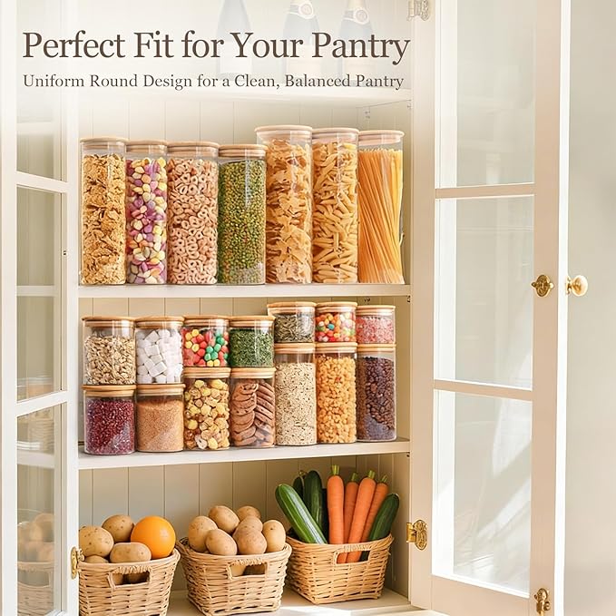 ComSaf Glass Storage Containers with Lids (0.6qt/1qt/1.5qt) Set of 6,Glass Pantry Storage Containers with Airtight Lid & lables for Dry Food, Snacks, Nuts, Stackable for Kitchen, Pantry Organization
