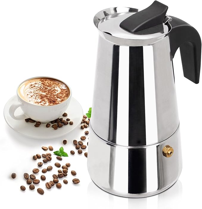 4 Cup 200ml Moka Pot Stainless Steel Espresso Coffee Maker Stovetop Coffeemaker Italian Classic Style Brewing Greca Cafe Mocha Machine for Cafeteras Lover Camping Travel and Home Use 6.6oz