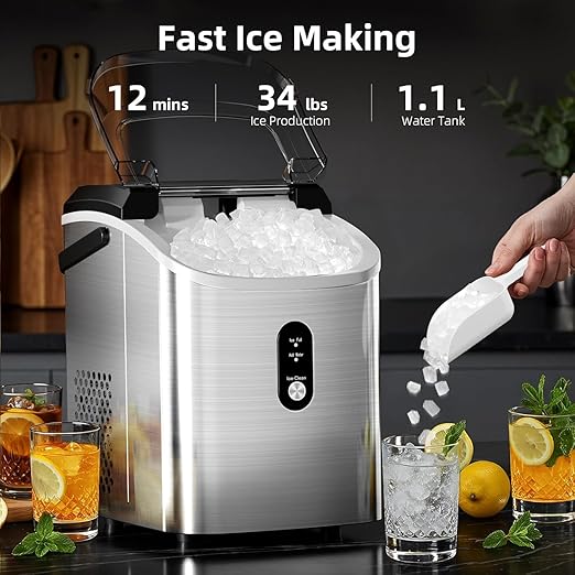 Antarctic Star Nugget Ice Maker Countertop, 34 lbs/Day Pellet Ice Machine with Self-Cleaning, Fast Ice Ready in 10 Minutes, Portable Ice Maker with Handle for Home, Office(Stainless Steel Silver)