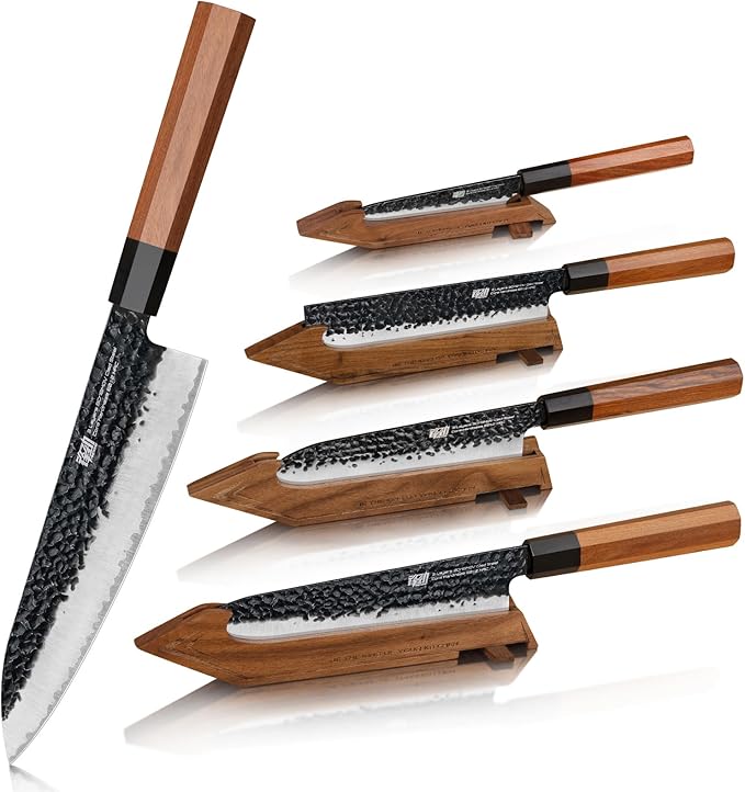 FINDKING Kitchen Knife Set with Individual Wooden Blocks, 4 Japanese Knives with Walnut Edge Guards, High Carbon Steel Blades, for Meat, Fruits, Vegetables, Dynasty Series