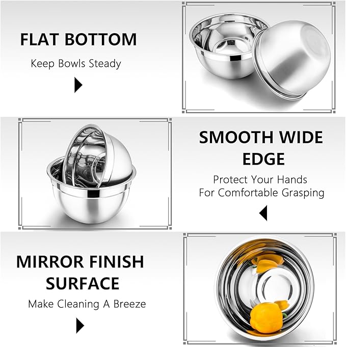 P&P CHEF Black Mixing Bowls with Lids, Set of 3, Stainless Steel Salad Nesting Bowl for Mixing, Storing, Prepping, Airtight & Stackable, Size 4.6/3 /1.5 QT