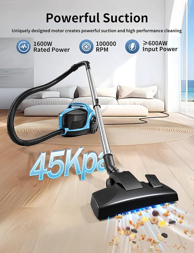 Canister Vacuums 45Kpa 1600W Canister Vacuum Cleaners for Home Double HEPA Filter 4.5Qt Bagless Vacuum Cleaner Lightweight Canister Vacuum Cleaner for Hard Floors Carpet Pet Upholstery Tiles Car Blue