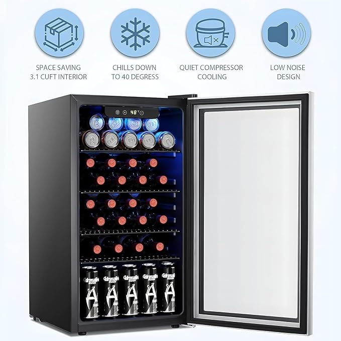 Antarctic Star 26 Bottle 130 Can Wine Cooler/Cabinet Refrigerator Mini Wine Cellar Beer Soda Clear Glass Door Bar Fridge Quiet Compressor Adjust Temp Freestanding Indoor Use 3.1cu.ft Black