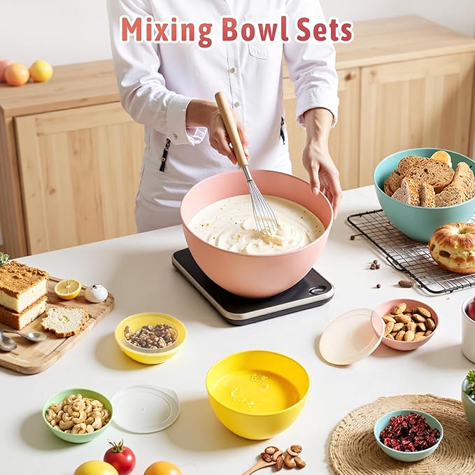16 Piece Plastic Mixing Bowls with Lids Set - Nesting Bowls Set includes 8 Prep Bowls and 8 Lids, 2-in-1 Spoon-Fork, Large Salad Bowl for Preparing, Serving, and Storing, Dishwasher & Microwave Safe