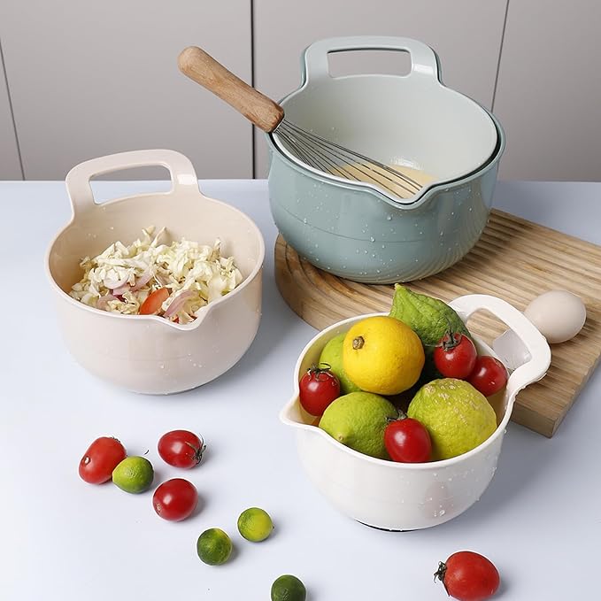 Mixing Bowls - 4 Piece Nesting Plastic Mixing Bowl Set with Pour Spouts and Handles - Non Slip Bottom and Measurement Markings (Light Green)