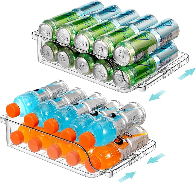 2 Packs Refrigerator Organizers and Storage Width Adjustable Can Organizer for Refrigerator Expandable Soda Can Dispenser for Beer Soda Pop Can Soda Organizer for Fridge Kitchen Pantry Clear
