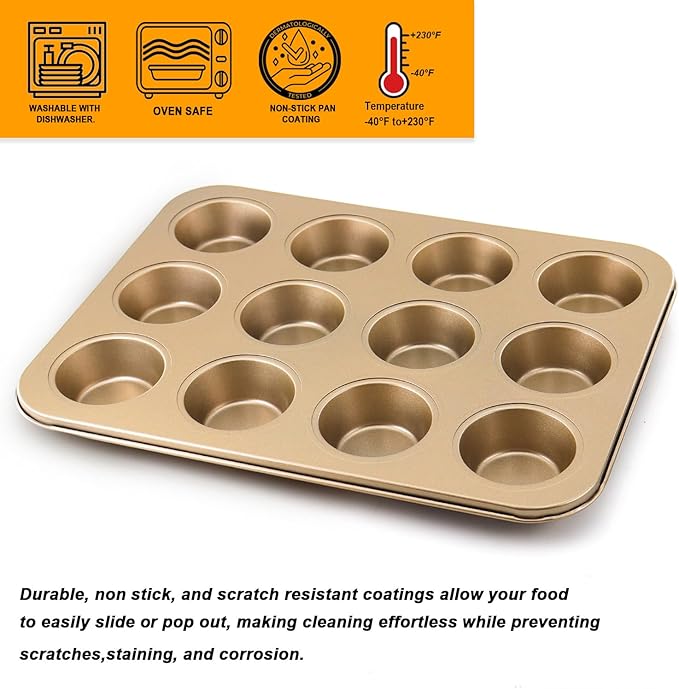 2 Pack Premium Nonstick Bakeware 12-Cup, Mini Muffin Pan, Dishwasher Oven Safe(Golden, 12 Cup (2 pcs)