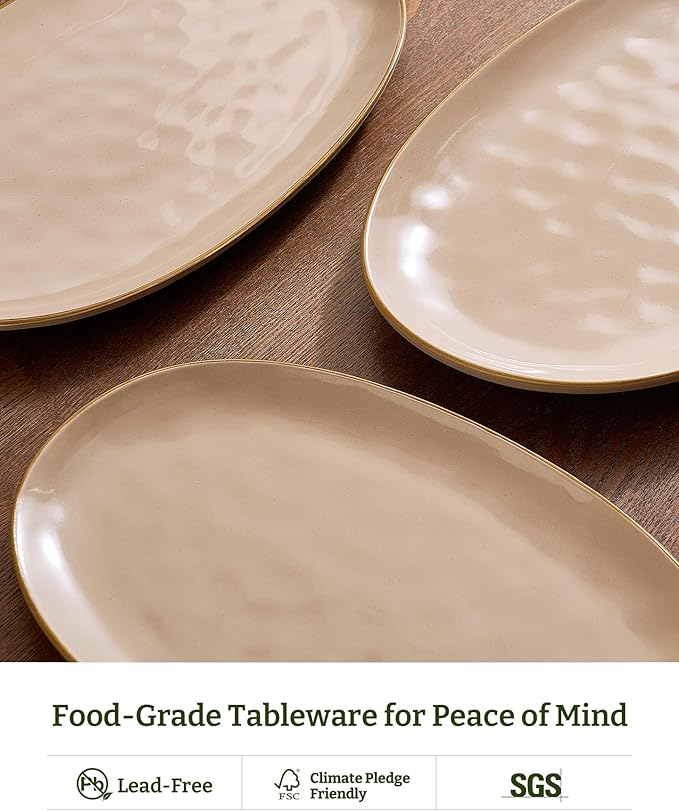 famiware Serving Platter, Oval 15.59/14.3/12.9 inch Serving Dishes for Entertaining, Serving Bowls, Microwave Safe, Stonware Serving Trays for Party, Turkey, Cheese, Ocean Series, Cinnamon Brown