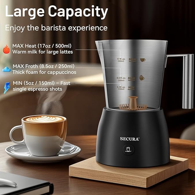Secura 17oz Electric Milk Frother and Steamer, Stainless Steel Detachable Milk Jug, 4-in-1 Hot & Cold Foam Maker for Latte, Cappuccino & Hot Chocolate, BPA & Teflon-Free, Dishwasher Safe