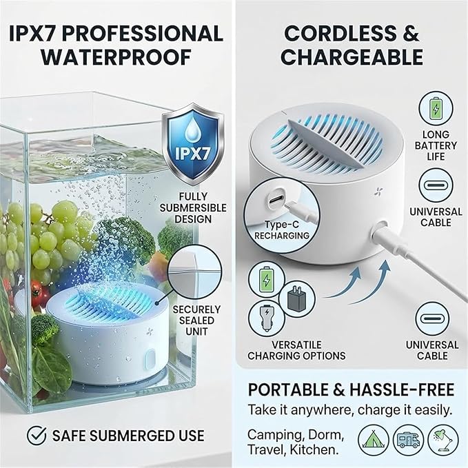 Produce Cleaner, Fruit and Vegetable Washing Machine, With Microbubble Electrolysis, 5-Min Auto Cleaning, Ipx7 Waterproof Cordless Device for Berries & Meat for Fruits, Vegetable & More (B)