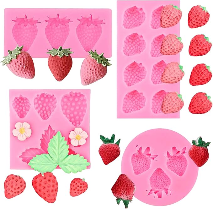 4 Pcs Strawberry Baking Mold Fruit Silicone Fondant Mold Strawberry Leaf Flower Chocolate Molds DIY Cupcake Molds for Candy Jelly Clay Ice Cream Soap Cake Topper Decoration