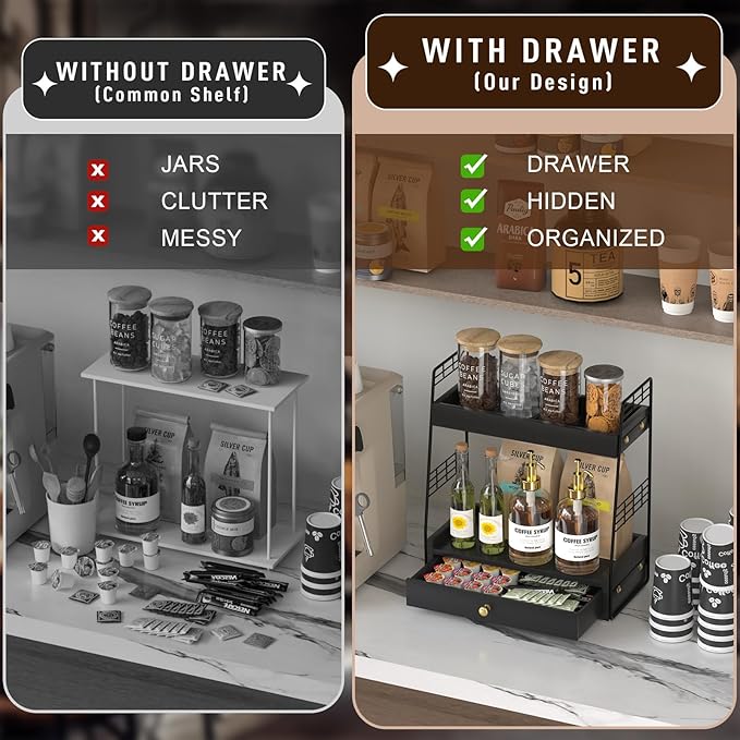 Coffee Bar Station Organizer with Built-In Drawer, 2-Tier Countertop Shelf for Tea Bags, Coffee Accessories, Syrup Bottles (Black)
