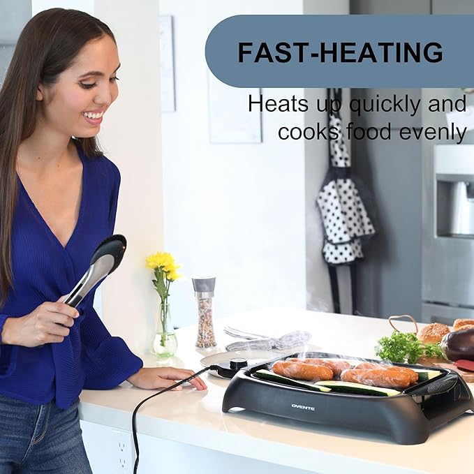 OVENTE Electric Indoor Grill with 13x10 Inch Non-Stick Cooking Surface, 1000W Fast Heat Up Power, Adjustable Temperature, Removable and Dishwasher Safe Grilling Plate and Drip Tray, Black GD1632NLB