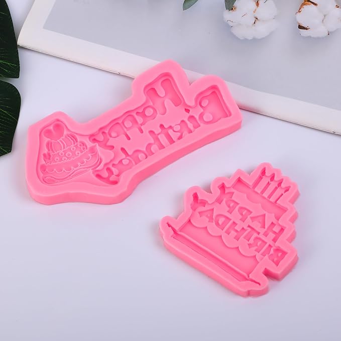 2 Pcs Birthday Cake Decoration Fondant Molds Cake Shape "Happy Birthday" Silicone Mold,for Cupcake Topper Chocolate Candy Marzipan Gum Flower Paste DIY Resin Plaster Clay Crafts